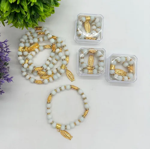 Vista 2 de Pulsera Rosario Lady Guadalupe Blanca – Bautizo Favor/Virgen De Guadalupe/Bautizo Recuerdos de Bautizo/Quinceañera/Baby Shower – 12 PCS