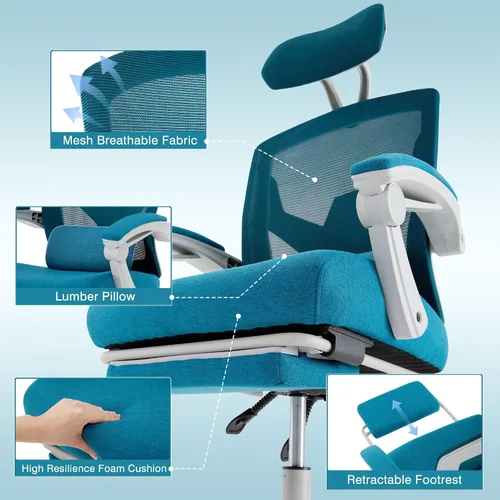 Vista 4 de Silla de oficina ergonómica de malla con almohada de apoyo lumbar y reposapiés retráctil, diseño de respaldo alto transpirable, silla reclinable Azul