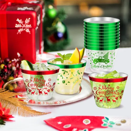 Vista 4 de 60 Pcs Vasos de Fiesta de Navidad de 9 oz, Vaso de Plástico Feliz Navidad, Vaso Transparente Desechable de Navidad con Borde Rojo y Verde, Vasos