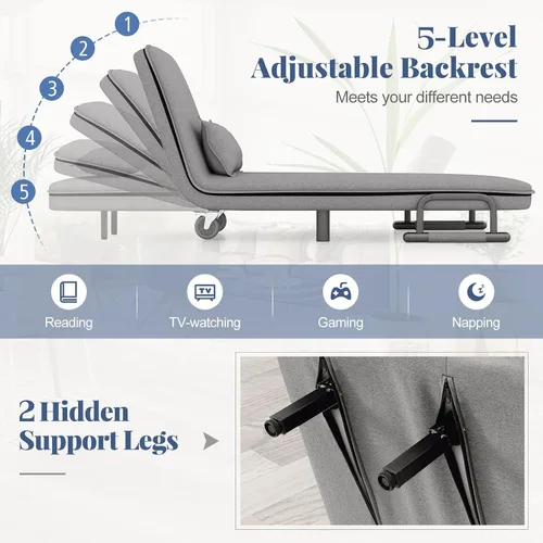Vista 13 de GIANTEX - Sofá cama convertible 3 en 1 con respaldo ajustable de 5 posiciones, ruedas, 2 patas, tumbona reclinable con almohada, sillones