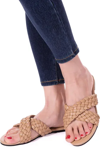 Vista 6 de Sandalias planas para mujer con tiras cruzadas de cuero trenzado color piel sandalias de moda para fiestas noche y bodas