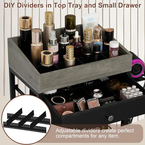 Vista 4 de Carrito organizador de maquillaje con 3 cajones, carrito de almacenamiento de cosméticos rodante con divisores ajustables, soporte de herramientas