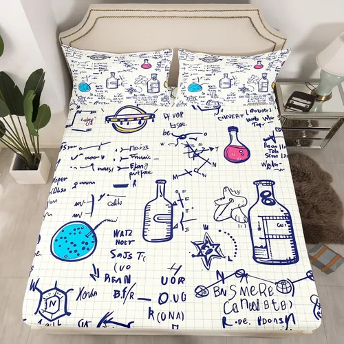 Vista 20 de Juego de ropa de cama ajustable con fórmula informática para niños y niños, diseño de geometría de acuarela, números, fórmula matemática, juego