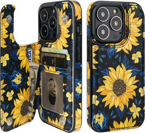 Vista 12 de HAOPINSH Funda tipo cartera con tarjetero para iPhone 14/13, diseño de Girasoles Bandera Americana