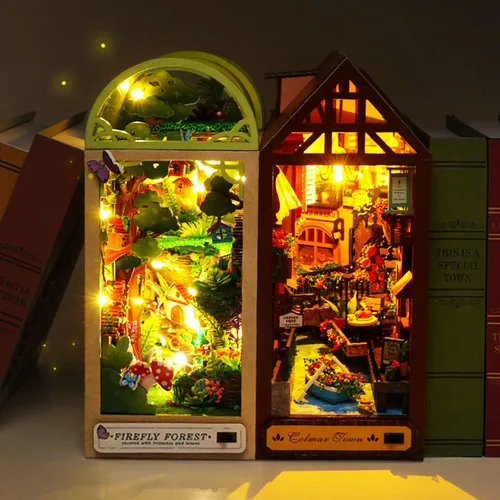 Vista 6 de Roroom Kit de Rincón de Libros DIY, Casa de Muñecas Booknook Inserto Decorativo para Estantería Callejón, Rompecabezas de Madera 3D con Inserto