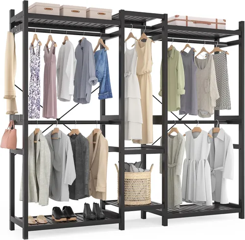 Vista 19 de Homykic Perchero de bambú para colgar ropa, perchero resistente con estantes ajustables de 7 niveles, varillas dobles, 4 ganchos, sistema de armario