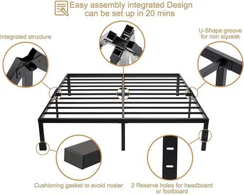 Vista 4 de Marco de cama Queen de 14 pulgadas, marcos de cama de metal resistente con almacenamiento, no necesita somier, sin ruido, listones de acero