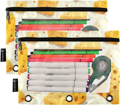Vista 2 de Estuche para lápices de queso para carpeta de 3 anillas, estuche para lápices, bolsa de cosméticos con ventana transparente con cremallera