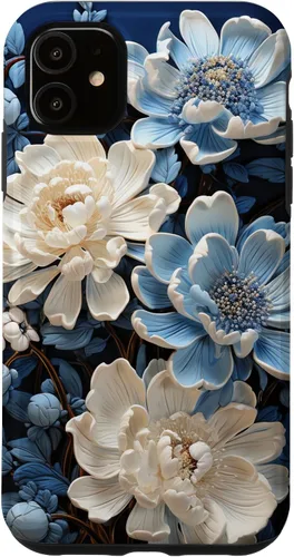 Vista 8 de iPhone 16 Chinoiserie Floral Toile Blue and White Case