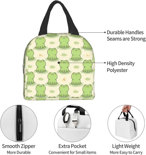 Vista 7 de Lonchera con diseño de rana y libélula, lonchera con aislamiento, reutilizable, impermeable, con bolsillo frontal para oficina, picnic, senderismo