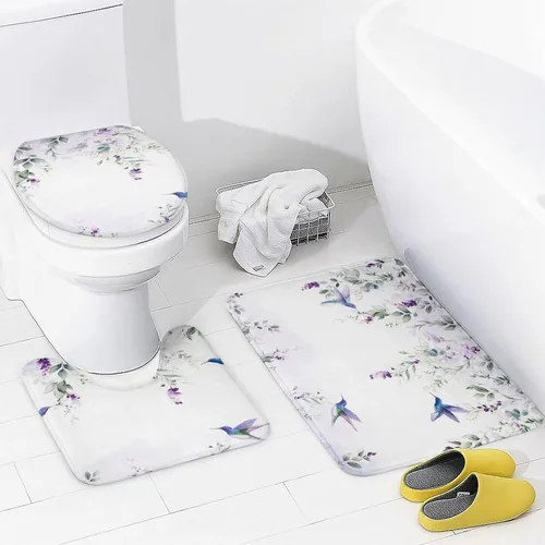 Vista 4 de Hermosos juegos de cortinas de ducha de 4 piezas de hojas de eucalipto, colibrí, rústico, acuarela, morado, eucalipto, floral, colibrí