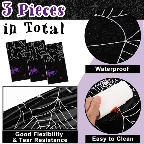 Vista 2 de Peryiter Mantel rectangular de plástico para Halloween, tela de araña, 54 x 108 pulgadas, impermeable, desechable, tela de araña para decoración
