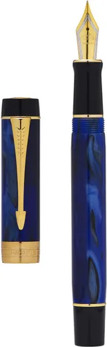 Vista 2 de Jinhao 100 - Pluma estilográfica clásica de celuloide de mármol azul, punta extrafina con convertidor y estuche para bolígrafos