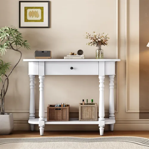 Vista 2 de Polibi Mesa consola Half Moon, mesa de entrada con cajón y estante, patas ajustables, diseño rústico vintage, mesa de sofá para entrada, sala