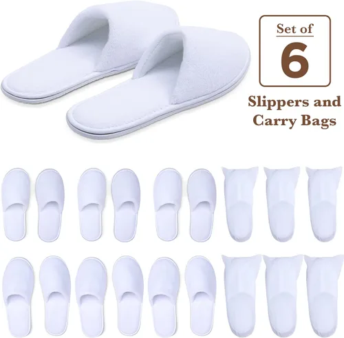 Vista 2 de Spa Slippers, Disposable Slippers for Guests Bulk of 6 Pairs - Non-Slip Closed-Toe Premium White Spa Slippers Bulk with Travel Bags - Coral Fleece