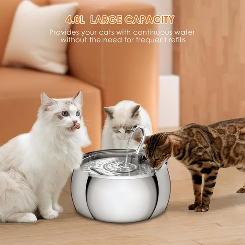 Vista 4 de Fuente de agua para gatos de acero inoxidable de 4.0L/1.1 galones para beber, fuente de agua para mascotas para gatos en interiores, bomba ultra