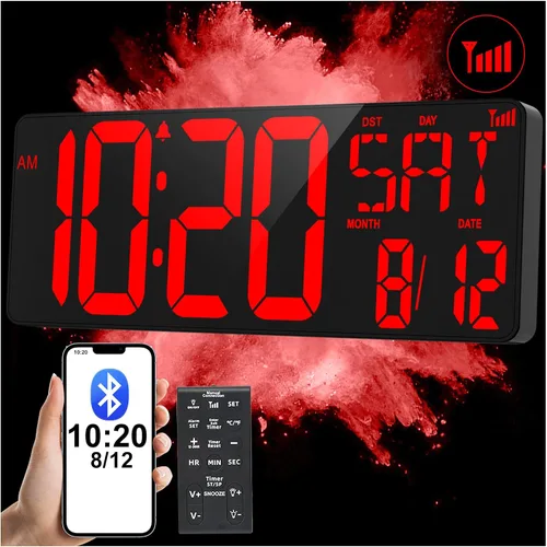 Vista 7 de XREXS Reloj de pared digital grande de 17.2 pulgadas, sincronización Bluetooth, relojes atómicos precisos con control remoto, reloj de abuelo
