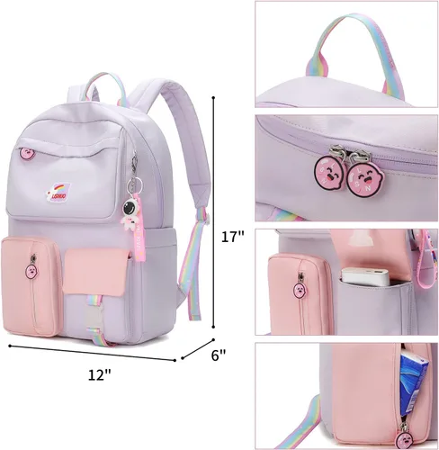 Vista 3 de Mochila para niños y niñas mochilas primarias bolsas de escuela secundaria para mujer mochila casual para enviar colgante Morado 12 inches6 inches17
