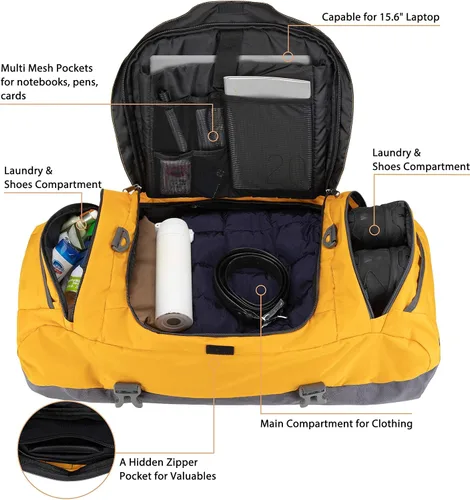 Vista 5 de Ubon Bolsa de lona grande para fines de semana con compartimentos para zapatos, mochila deportiva de 4 vías para gimnasio con correas acolchadas