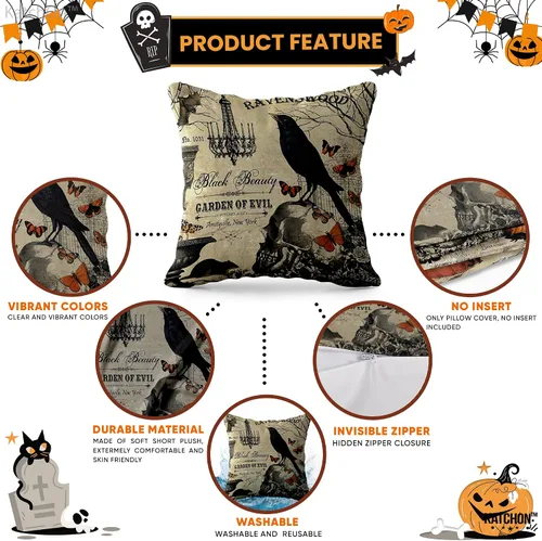 Vista 3 de KatchOn, Fundas de almohada vintage de Halloween de 18 x 18 pulgadas, paquete de 4 fundas de almohada de calavera Fundas de cojín de calabaza