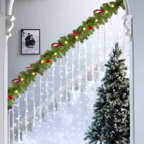 Vista 7 de FUNPENY - Guirnalda de Navidad artificial de 2,7 m, preiluminada, 50 luces LED, guirnalda de Navidad iluminada operada por pilas con 8 modos