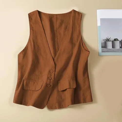 Vista 50 de COTECRAM Chaleco de lino de algodón para mujer, casual, sin mangas, con botones, ligero, para verano, holgado, ropa de abrigo