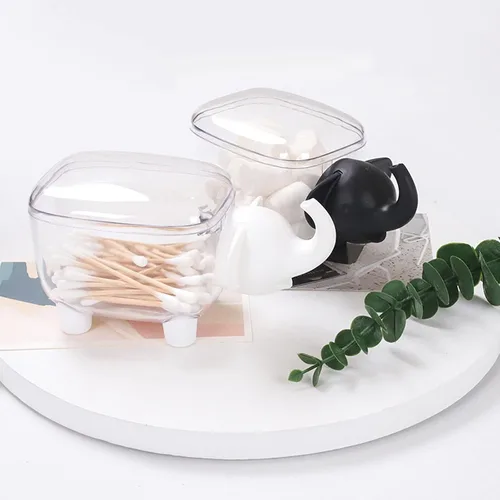 Vista 4 de Paquete de 2 soportes Qtip, dispensador de bolas de algodón acrílico con tapa, bonitos soportes para hisopos de algodón, tarros de baño, recipiente