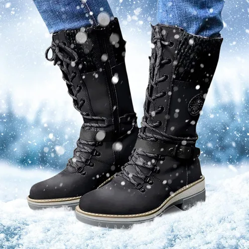 Vista 2 de ZBYY Botas vaqueras de media pantorrilla para mujer, tacón bajo grueso, botas de combate occidental, botas de invierno con punta redonda, sin