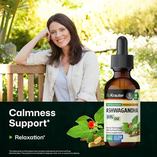 Vista 2 de BIO KRAUTER® Suplementos de Ashwagandha – Gotas líquidas pura Ashwagandha vegana para mujeres y hombres, 685 mg por porción, 2 onzas líquidas