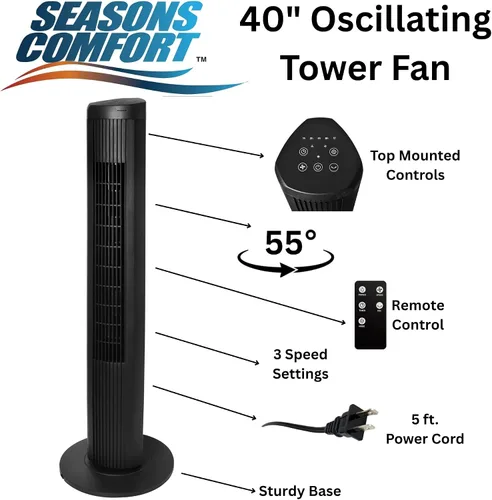 Vista 3 de Seasons Comfort Ventilador de torre oscilante de 40 pulgadas con control remoto y 3 ajustes de velocidad, oscilación de 55 grados, silencioso