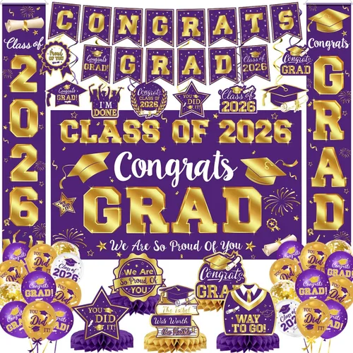 Vista 9 de Decoraciones de graduación 2026, juego de decoraciones de graduación rojo y negro con pancarta y telón de fondo de felicitaciones, letrero
