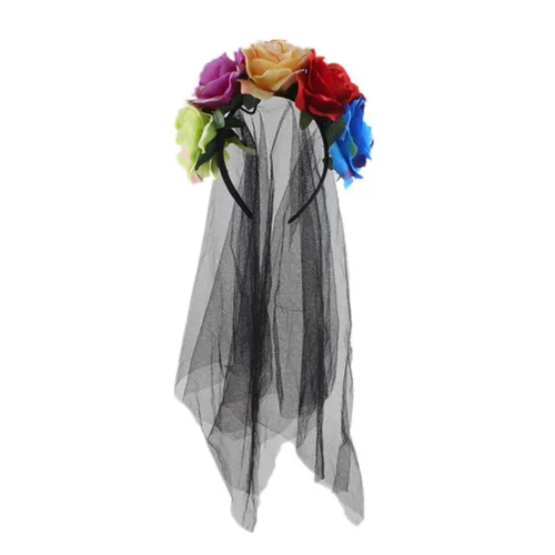 Vista 9 de Velo floral rosa rosa corona velo de Halloween velo negro novias tiara negra Halloween Cosplay accesorios diadema mexicana Día de los Muertos