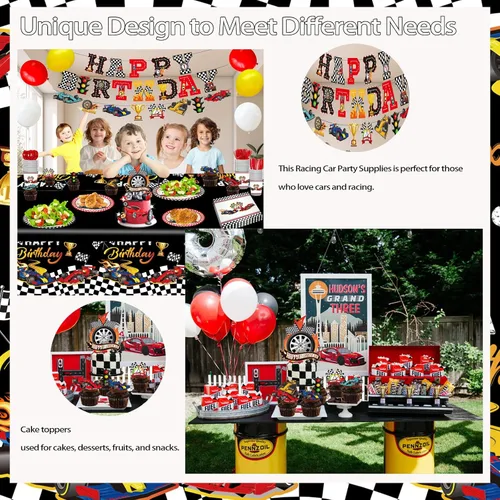 Vista 4 de Las decoraciones de fiesta de cumpleaños de coche de carreras incluyen platos, servilletas, tazas, tenedores, cuchillos, cucharas, pancartas
