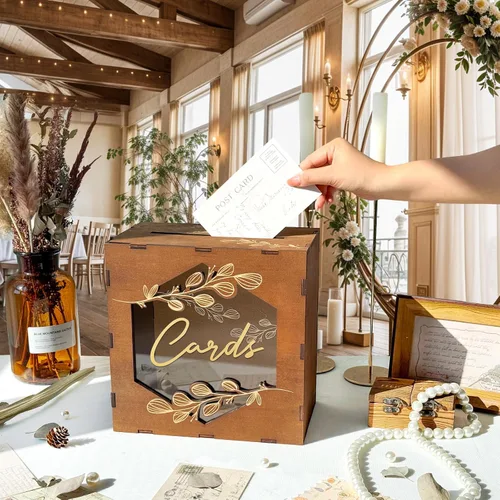 Vista 4 de Caja de tarjetas de boda marrón OurWarm con ventana de acrílico, caja de tarjetas de regalo de madera para decoraciones de recepción de boda, caja