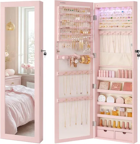 Vista 12 de Songmics - UJJC093B01 - Armario para joyas que se puede cerrar con llave, de montaje en pared o puerta, con espejo de 6 luces LED, para Negro