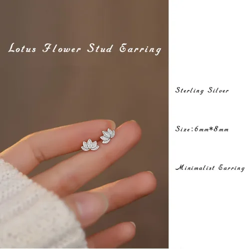 Vista 4 de Aretes de plata de ley 925 con diseño de loto para mujer, hipoalergénicos, minimalistas