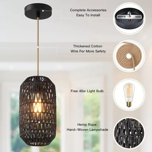 Vista 6 de Ruzectt Luminarias Colgantes Luces Colgantes de Ratán Negro para Isla de Cocina con Cable de Algodón Dorado Ajustable de 72 pulgadas, Lámpara