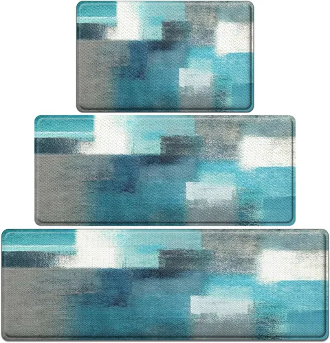 Vista 17 de Arttown Juego de 2 alfombras de cocina antifatiga con pintura marrón y gris, color beige, contemporánea, abstracta, acolchada, impermeable