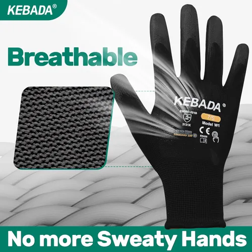 Vista 4 de Kebada Guantes de trabajo de seguridad, paquete de 120 pares a granel, pantalla táctil, revestimiento de poliuretano, ideales para almacén, Negro