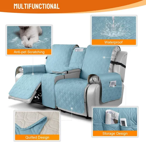 Vista 4 de VANSOFY Funda para Sofá de Dos Plazas Reclinable con Consola 100% Impermeable Fundas de Sofá Antideslizantes Funda de Sofá Reclinable Dividida Azuree