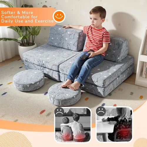 Vista 7 de Sofá modular para niños MeMoreCool – Sofá de dinosaurio de 8 piezas que brilla en la oscuridad para niños pequeños convertible en fuerte constructor