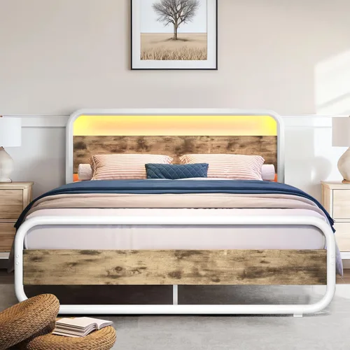 Vista 13 de Catrimown - Marco para cama individual con luces LED, marco de cama plataforma individual resistente de metal rústico con cabecera de madera