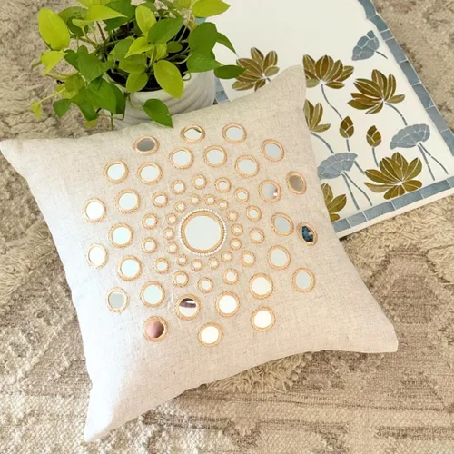 Vista 6 de HomeCentric Funda de almohada geométrica beige, 12 x 12 pulgadas, cuadrado de lino y algodón, círculos contemporáneos de Pascua, círculo de la vida