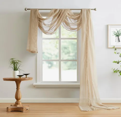 Vista 7 de ASATEX Cortina Transparente para Ventana de Longitud Larga de 56" (An) x 216" (L) Color Beige Claro. Los Tratamientos de Voile para Ventana son