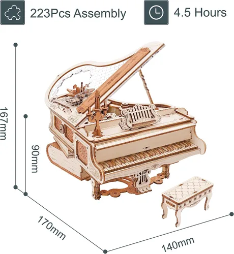 Vista 7 de ROKR Rompecabezas de madera 3D para adultos, 223 piezas, kit de modelo de piano a escala 1:20, rompecabezas de construcción, caja de música