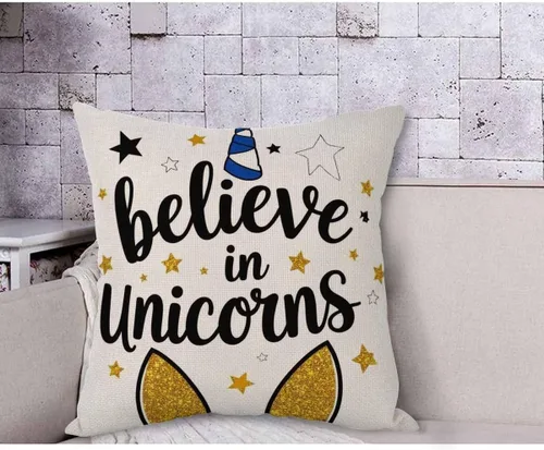 Vista 4 de AOYEGO Believe in Unicorns, funda de almohada decorativa con diseño de cuerno dorado dulce con diseño de estrellas y hadas de fantasía, 18 x 18
