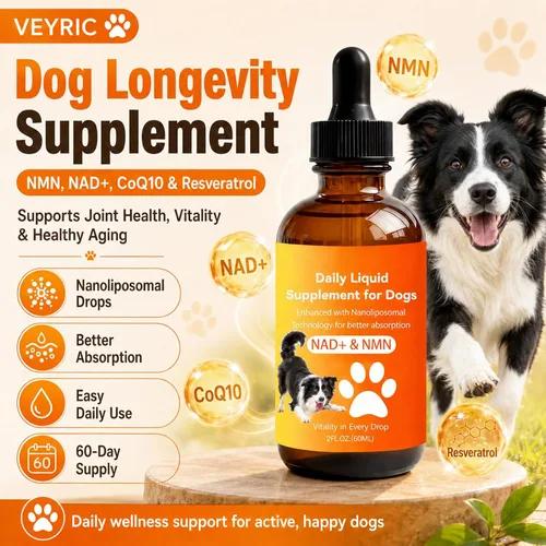 Vista 8 de Suplemento de longevidad para perros con NMN, NAD+, CoQ10 y resveratrol - Apoya la salud de las articulaciones, la vitalidad y el envejecimiento