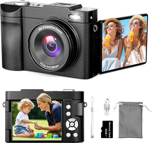 Vista 9 de Cámara digital 4K para fotografía de enfoque automático, cámara compacta de 50 MP con pantalla abatible de 180°, zoom digital de 16X, cámara