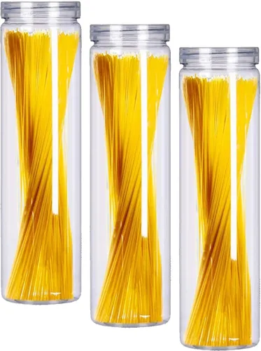Vista 6 de Juego de 3 tarros de plástico transparente para almacenamiento de alimentos con tapa, recipiente redondo transparente delgado para espaguetis, pasta