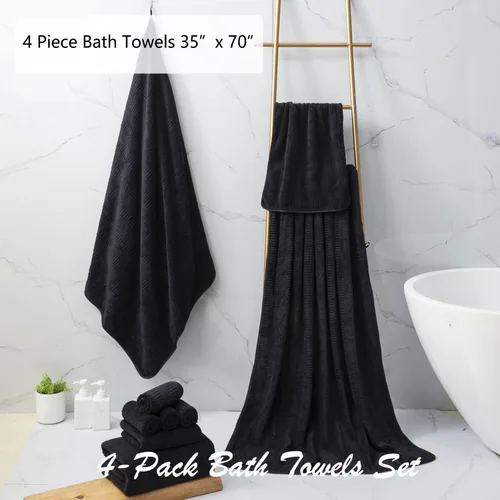 Vista 3 de Juego de 4 toallas de baño grandes de 35"x70" pulgadas, color negro, sábanas de baño extra grandes, toallas jumbo de gran tamaño de 600GSM, suaves
